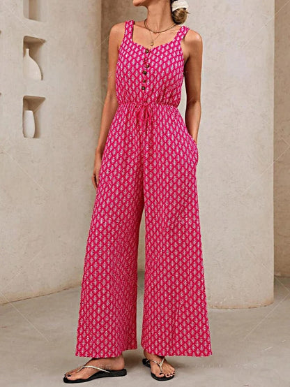 Women’s Jumpsuit – V Neck Sleeveless – Relaxed Fit – Drawstring Waist – Breathable Blend