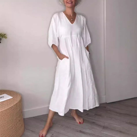 Women’s Midi Dress – Relaxed Fit – A-Line – Cotton Linen – V-Neck – Pockets – Cuffed Sleeves