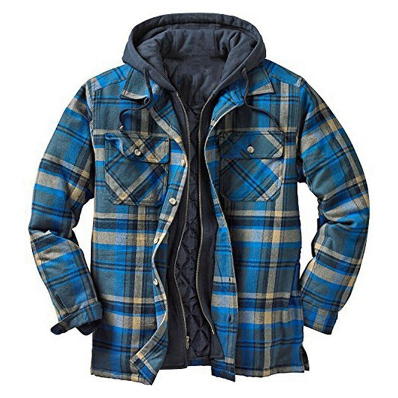 Men’s Shirt Jacket – Relaxed Fit – Quilted Lining – Flannel Plaid – Hooded Zip Front