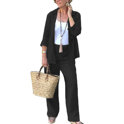 Women’s Two-Piece Set – Linen Blend – Relaxed Fit – Open Shirt & Wide-Leg Trousers
