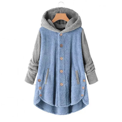 Women’s Hooded Coat – Oversized Fit – Fuzzy Fleece – Button Front – Asymmetrical Hem