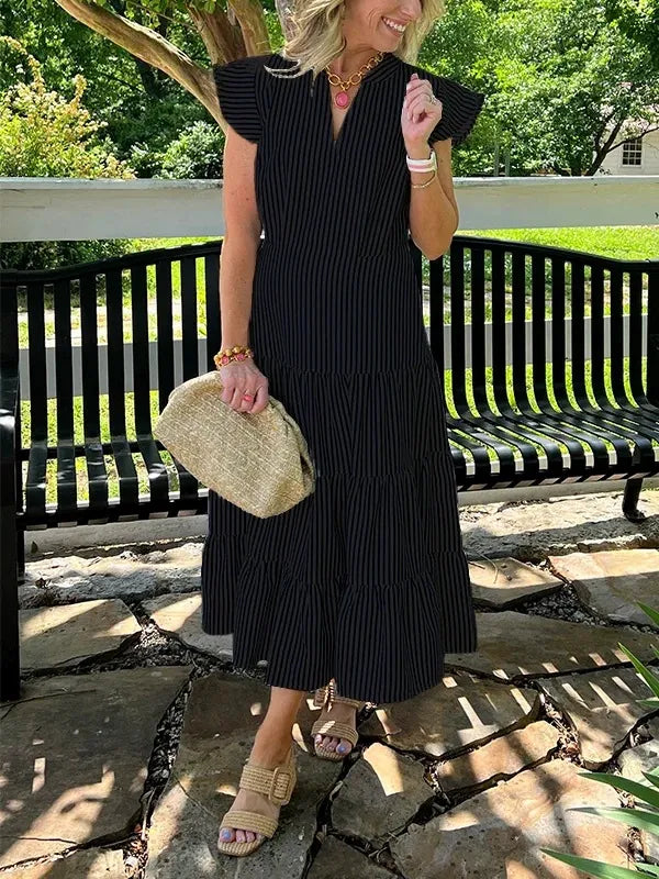 Women’s Midi Dress – Relaxed Fit – Striped – V-Neck – Cotton – Tiered Skirt – Ruffle Sleeves