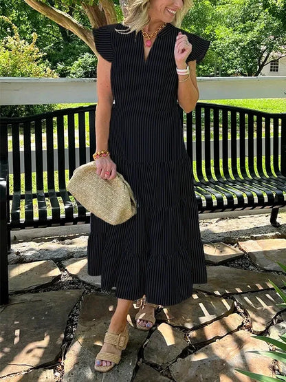 Women’s Midi Dress – Relaxed Fit – Striped – V-Neck – Cotton – Tiered Skirt – Ruffle Sleeves