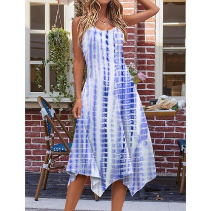 Women’s Midi Dress – A-Line Fit – Cotton Blend – Sleeveless Abstract Print – Asymmetrical Hem