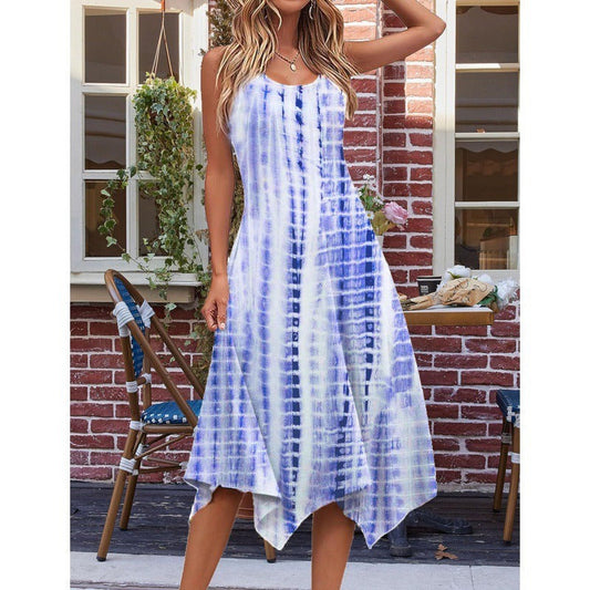 Women’s Midi Dress – A-Line Fit – Cotton Blend – Sleeveless Abstract Print – Asymmetrical Hem