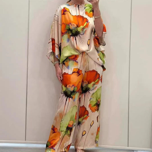 Women’s Pants Set – Wide Leg Trousers – Batwing Sleeve Top – Silky Abstract Print