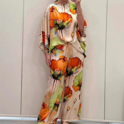 Women’s Pants Set – Wide Leg Trousers – Batwing Sleeve Top – Silky Abstract Print
