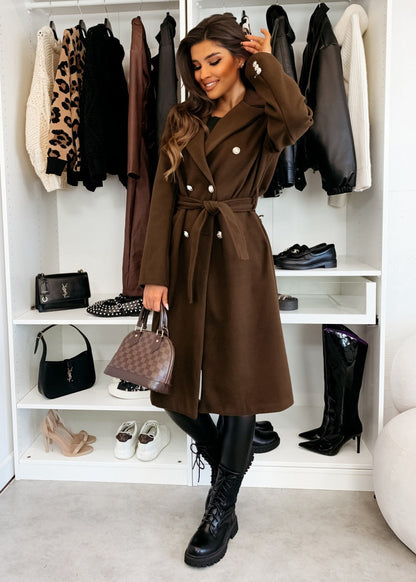 Women’s Wool Coat – Tailored Fit – Double-Breasted – Belted Waist – Knee Length