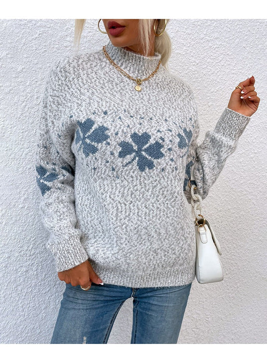 Women’s Sweater – Wool Knit – Relaxed Fit – High Neck – Floral Pattern – Long Sleeve