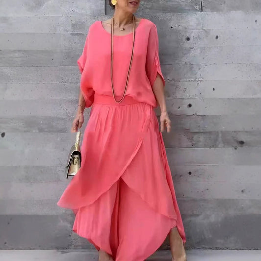 Women’s Two-Piece Set – Loose Fit Top – Split Wide-Leg Trousers – Chiffon Draped Style