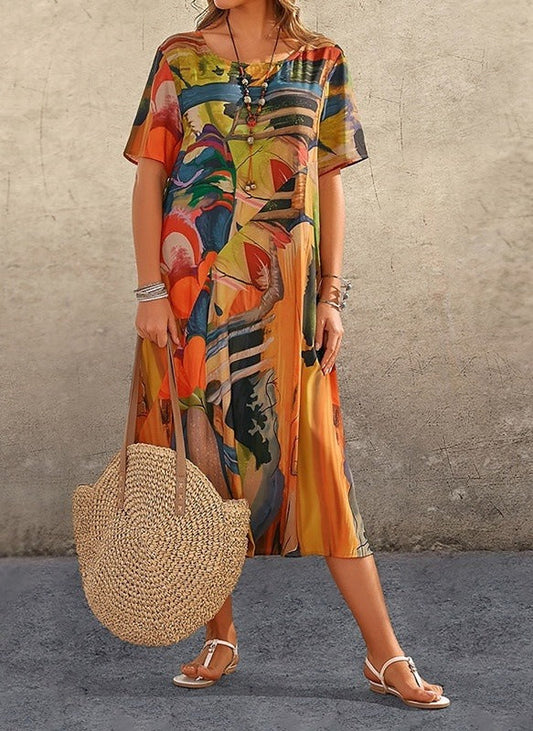Women’s Midi Dress – Relaxed Fit – Breathable Cotton Feel – Abstract Print – Short Sleeve