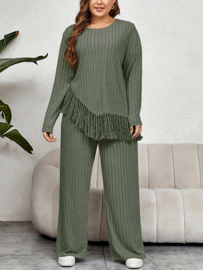 Women’s Lounge Set – Knitted Ribbed – Oversized Fringe Hem Top – Wide Leg Trousers