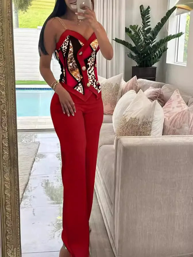 Women’s Suspender Suit – Tailored Fit – Double-Breasted Top – Animal Print Detail – Full-Length Trousers