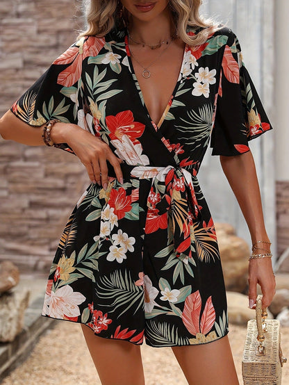 Women’s Romper – Floral Print – Wrap V-Neck – Ruffled Sleeves – Belted Short Fit