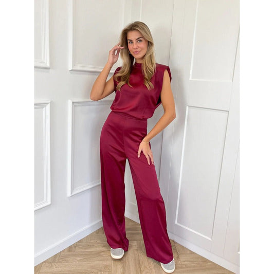 Women’s Jumpsuit – Satin Look – High Neck – Sleeveless – Open Back – Wide Leg