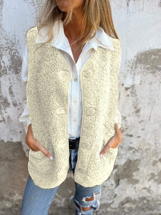 Women’s Vest – Shearling Fleece – Relaxed Fit – Button Front – Side Pockets
