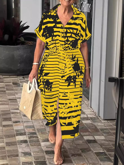 Women’s Shirt Dress – Relaxed Fit – Belted Waist – Plant Print – Side Slit – Midi Length