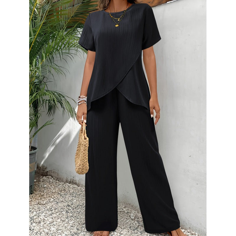 Women’s Two-Piece Set – Pleated Texture – Relaxed Fit – Asymmetric Top – Wide-Leg Trousers