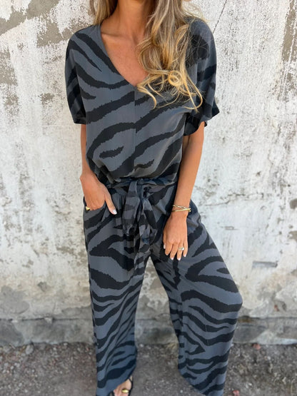 Women’s Top and Trousers Set – Zebra Print – Tie Front – Wide Leg – Relaxed Fit