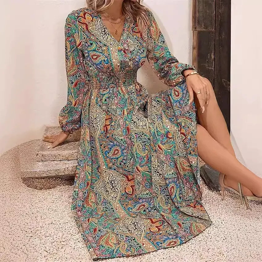 Women’s Long Sleeve Dress – V-Neck – Relaxed Fit – Ruched Waist – Printed Pattern