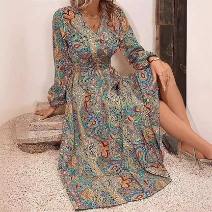 Women’s Long Sleeve Dress – V-Neck – Relaxed Fit – Ruched Waist – Printed Pattern