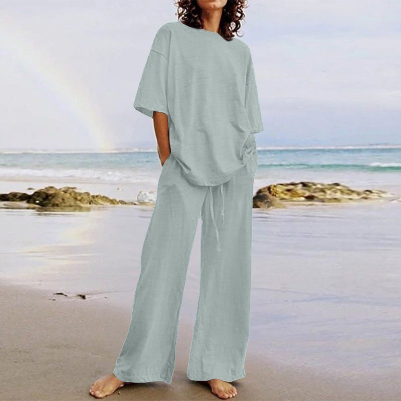 Women’s Two-Piece Set – Relaxed Fit Cotton Blend – O-Neck Top – Wide-Leg Trousers with Pockets