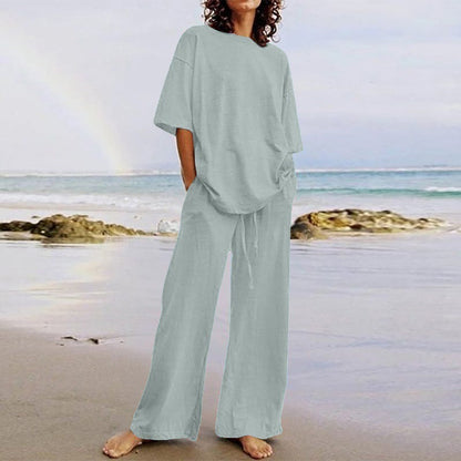 Women’s Two-Piece Set – Relaxed Fit Cotton Blend – O-Neck Top – Wide-Leg Trousers with Pockets
