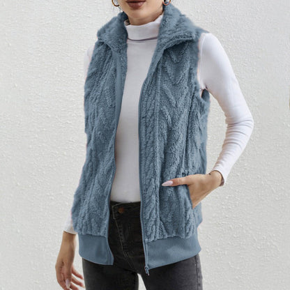 Women’s Sleeveless Vest – Jacquard Fleece – Zip Front – High Collar – Relaxed Fit