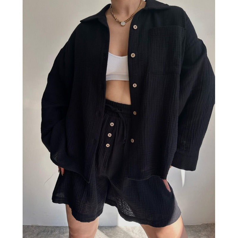 Women’s Two-Piece Set – Oversized Shirt and Drawstring Shorts – Cotton Feel – Relaxed Fit