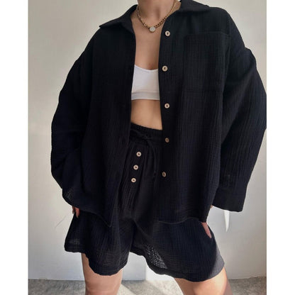 Women’s Two-Piece Set – Oversized Shirt and Drawstring Shorts – Cotton Feel – Relaxed Fit