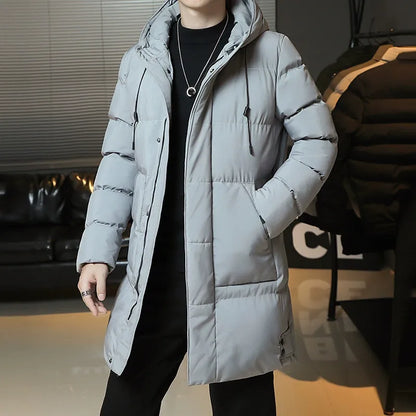 Men’s Mid-Length Coat – Quilted Cotton – Hooded – Relaxed Fit – Insulated Warm Layer