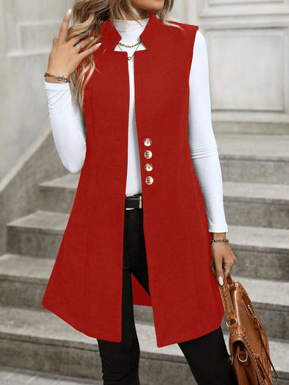 Women’s Sleeveless Vest – Tailored Fit – Wool Blend – High Collar – Button Front