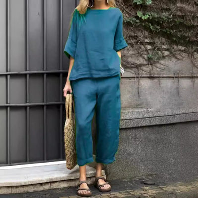 Women’s Trousers Suit – Relaxed Fit – Cotton Linen – Round Neck Top – Cropped Leg