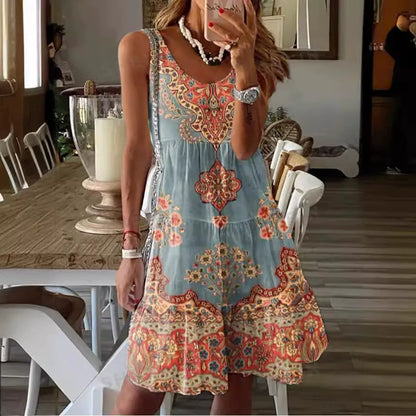 Women’s Mini Dress – Sleeveless V-Neck – Boho Print – Tiered Relaxed Fit – Cotton Feel
