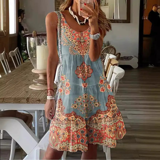 Women’s Mini Dress – Sleeveless V-Neck – Boho Print – Tiered Relaxed Fit – Cotton Feel