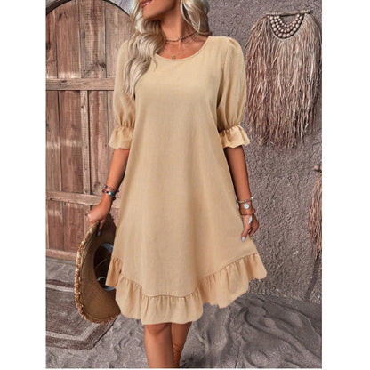 Women’s A-Line Dress – Relaxed Fit – Cotton Linen – Ruffle Trim – Midi Length