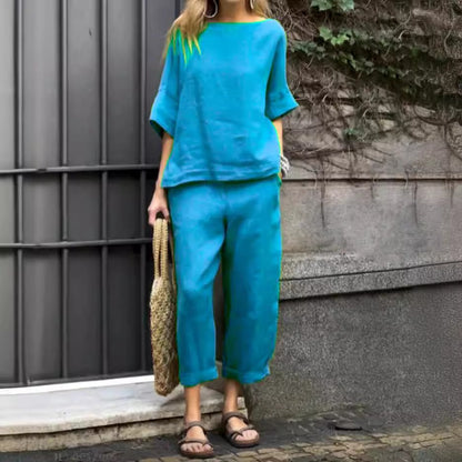 Women’s Trousers Suit – Relaxed Fit – Cotton Linen – Round Neck Top – Cropped Leg