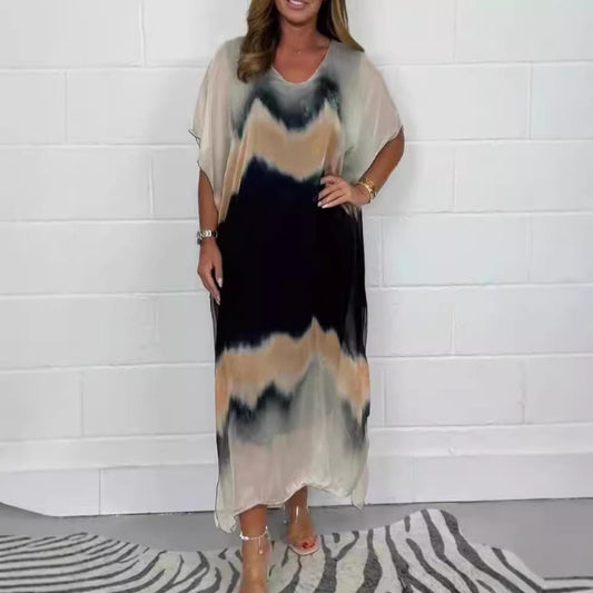 Women’s Maxi Dress – Chiffon – V-Neck – Ombre Gradient – Short Sleeve – Relaxed Fit