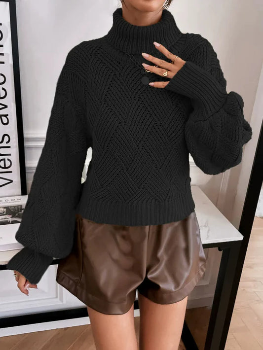 Women’s Pullover Sweater – Wool Knit – Oversized Fit – Turtleneck – Lantern Sleeve