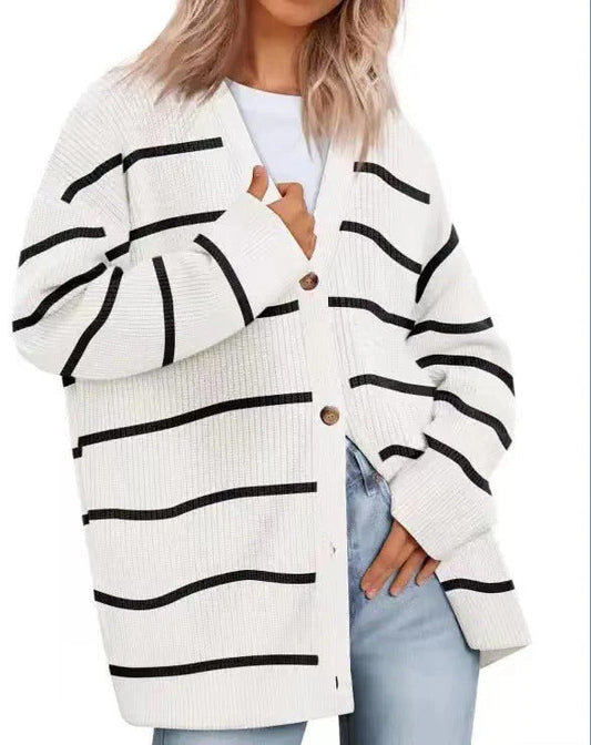 Women’s Cardigan – Oversized Fit – Ribbed Knit – Striped Button Front V-Neck