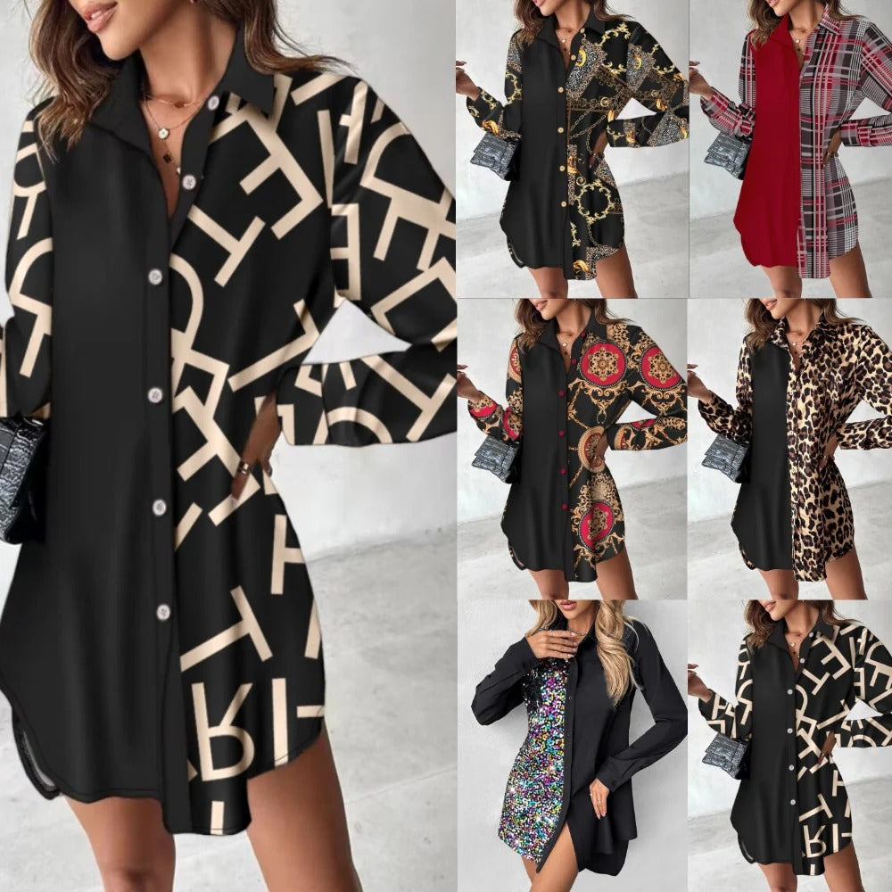 Women’s Shirt Dress – Relaxed Fit – Leopard Print – Long Sleeve – Mini Length – Button Front