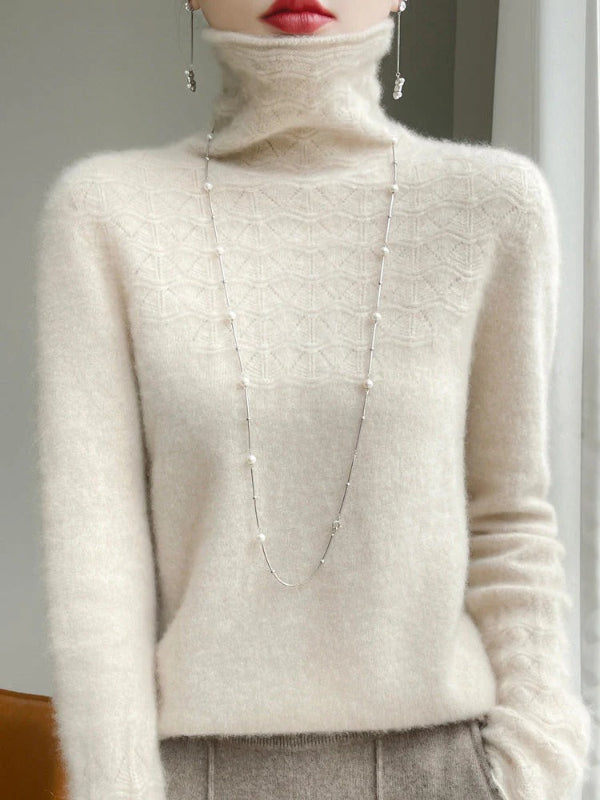 Women’s Turtleneck Sweater – Slim Fit – Wool Blend – Hollow Knit – Full Length Sleeves