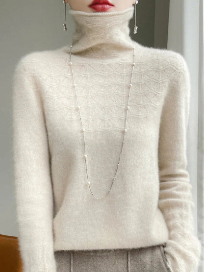 Women’s Turtleneck Sweater – Slim Fit – Wool Blend – Hollow Knit – Full Length Sleeves