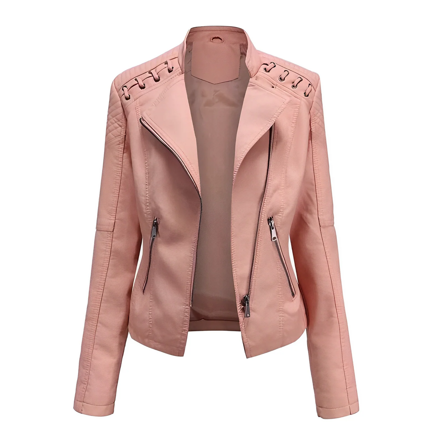 Women’s Leather Jacket – Tailored Fit – Asymmetrical Zip – Quilted Shoulders – Laced Detail