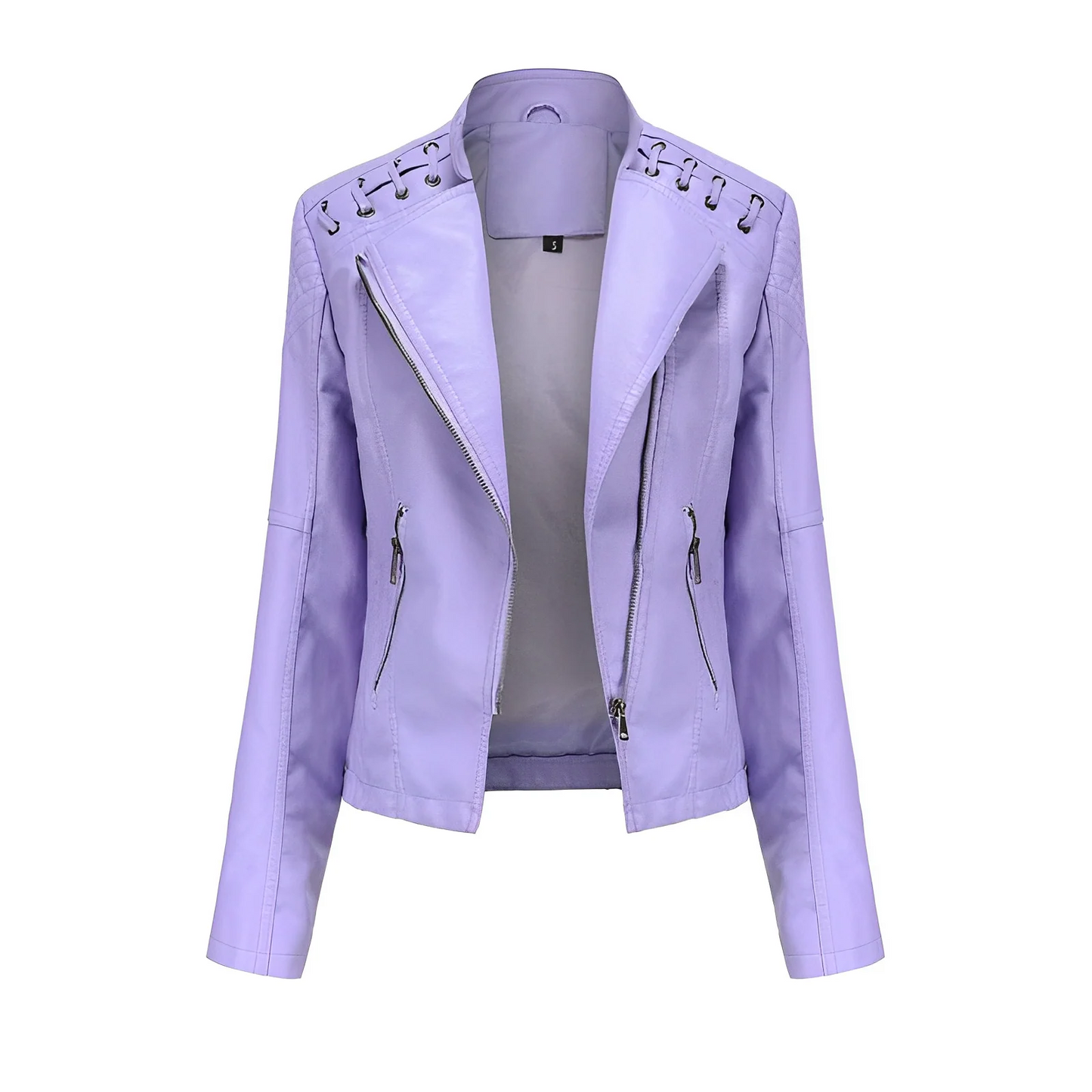 Women’s Leather Jacket – Tailored Fit – Asymmetrical Zip – Quilted Shoulders – Laced Detail