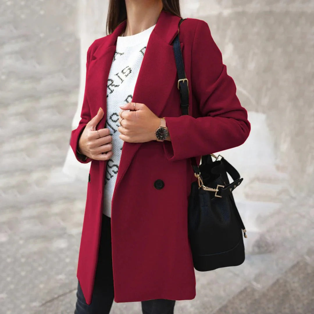 Women’s Mid-Length Coat – Wool Feel – Classic Fit – Double-Breasted Tailored Style
