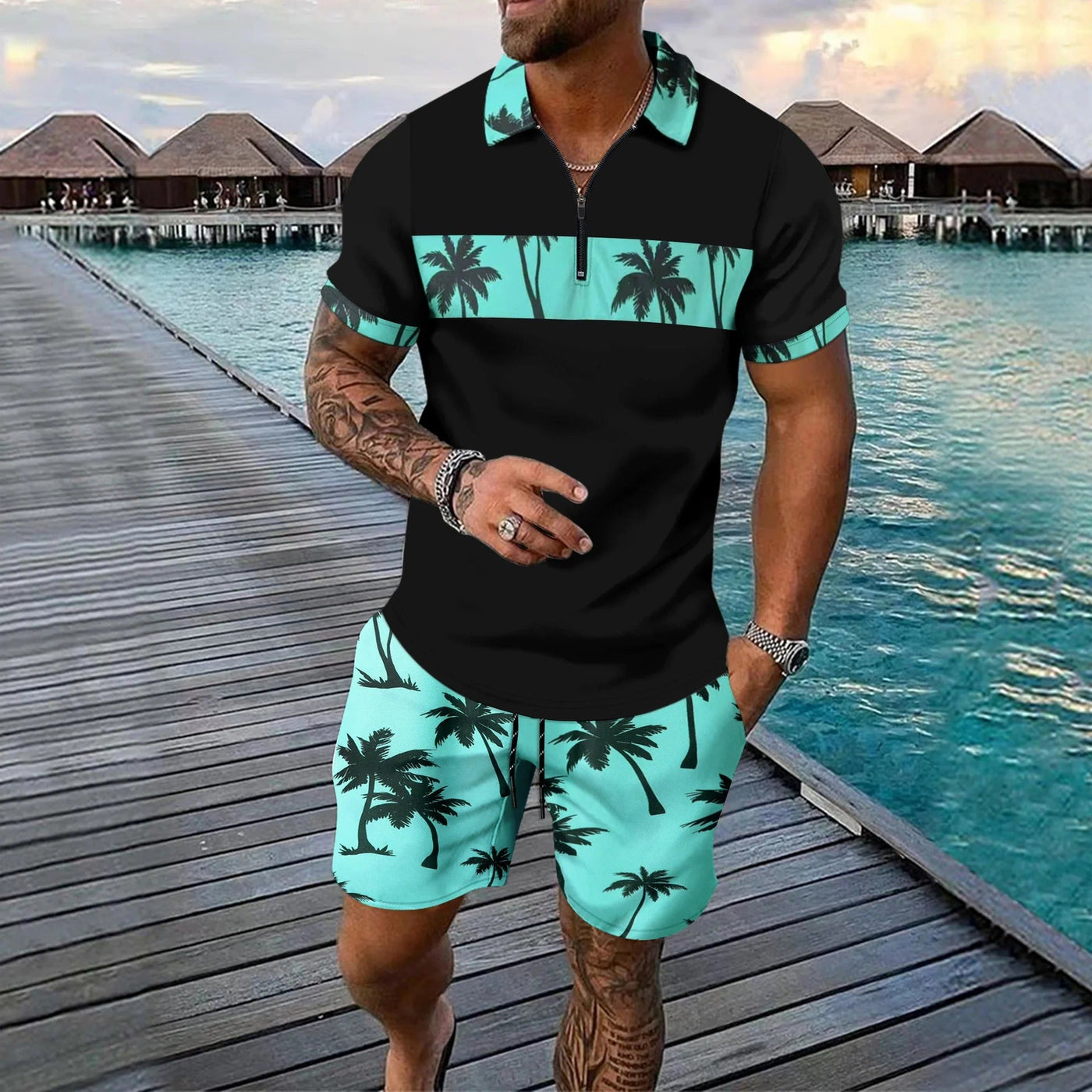 Men’s Casual Suit Set – Zip Polo Shirt – Palm Tree Print – Drawstring Shorts
