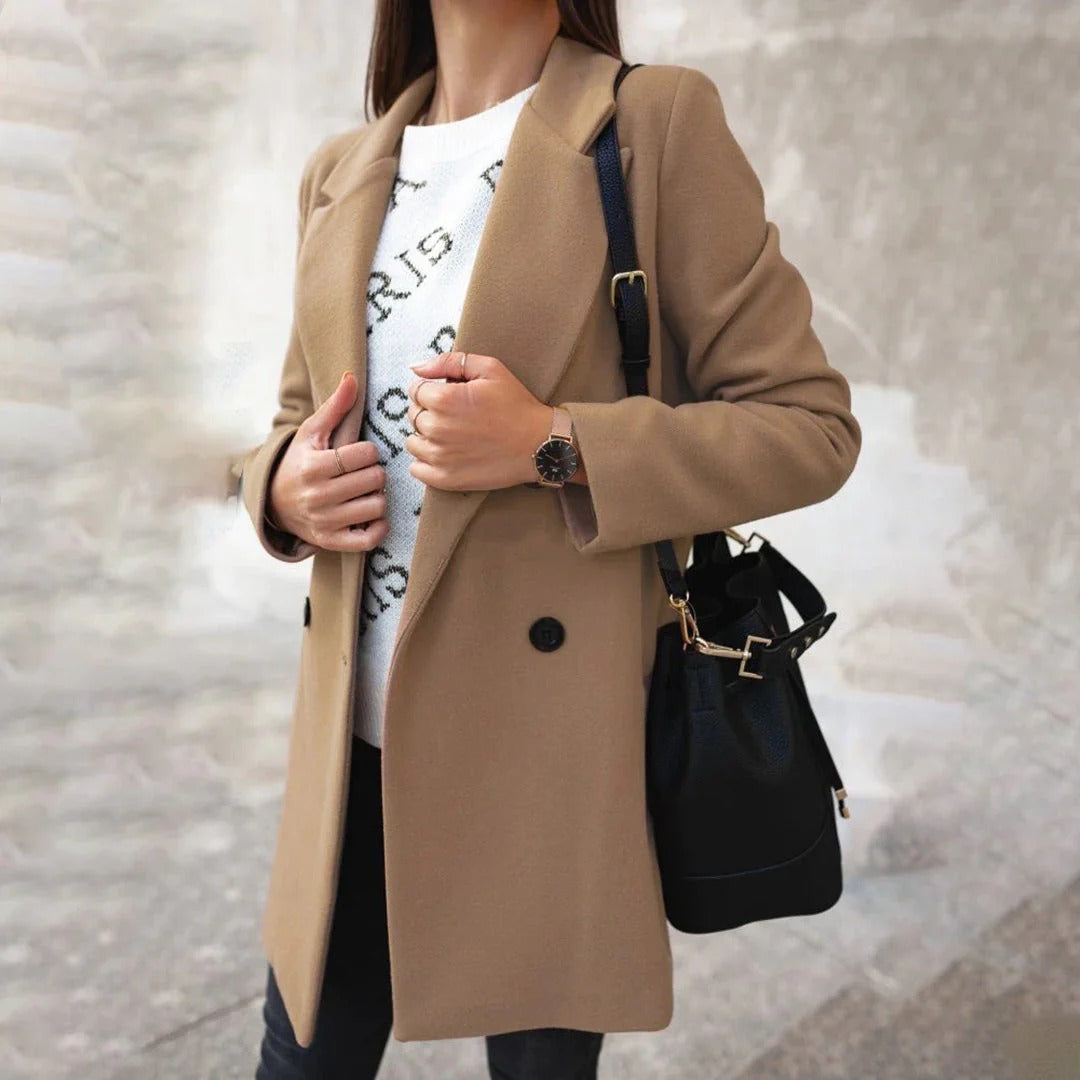 Women’s Mid-Length Coat – Wool Feel – Classic Fit – Double-Breasted Tailored Style