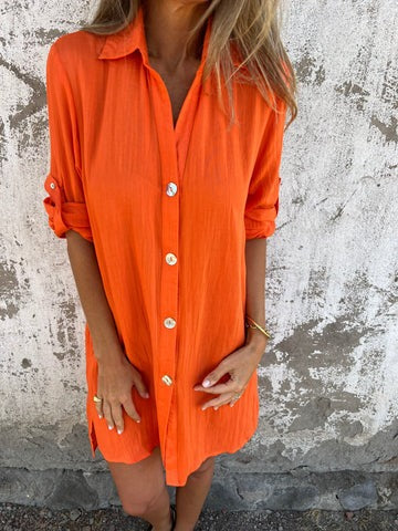 Women’s Shirtdress – Relaxed Fit – Button Front – Rolled Sleeves – Breathable Blend