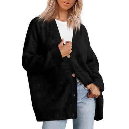 Women’s Cardigan – Oversized Fit – Ribbed Knit – Striped Button Front V-Neck